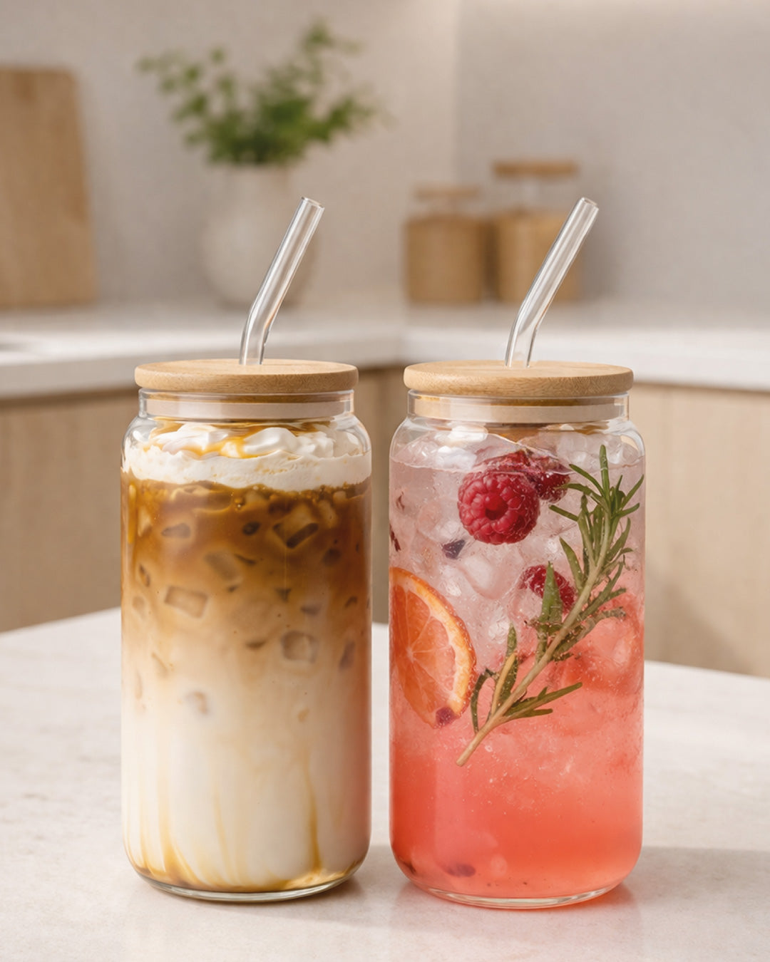 Trinkgläser mit Bambusdeckel & Glasstrohhalm 2er Set 500 ml
