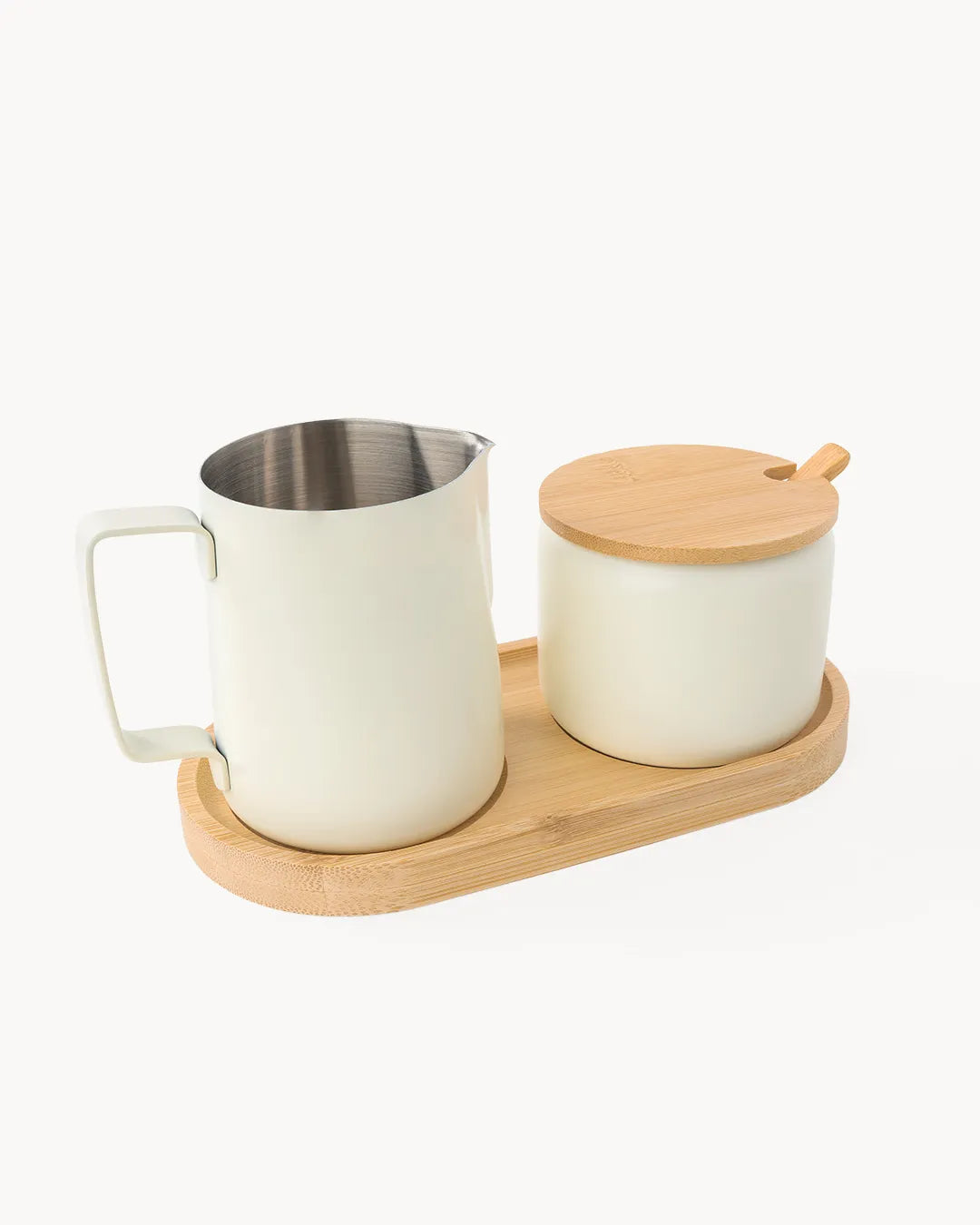 Milch und Zucker Set aus Edelstahl mit Bambus-Tablett