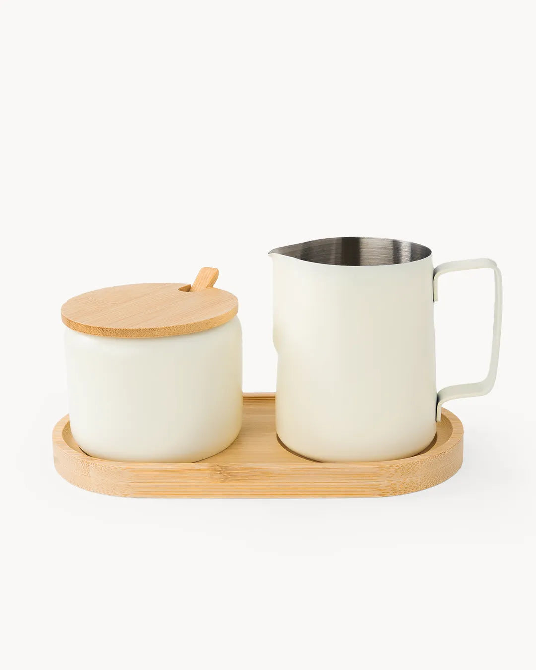 Milch und Zucker Set aus Edelstahl mit Bambus-Tablett