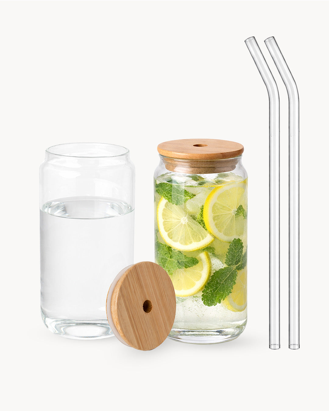Trinkgläser mit Bambusdeckel & Glasstrohhalm 2er Set 500 ml