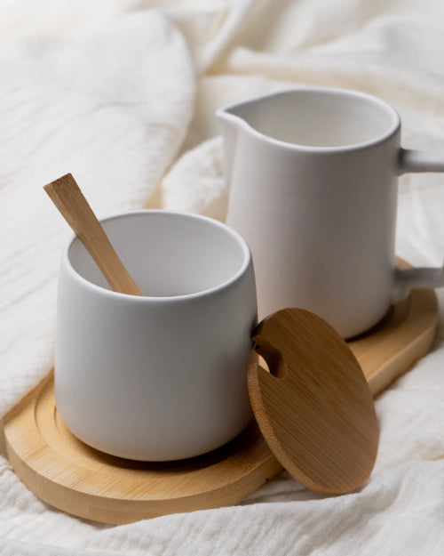 Milch und Zucker Set mit Deckel, Löffel & Milchkännchen